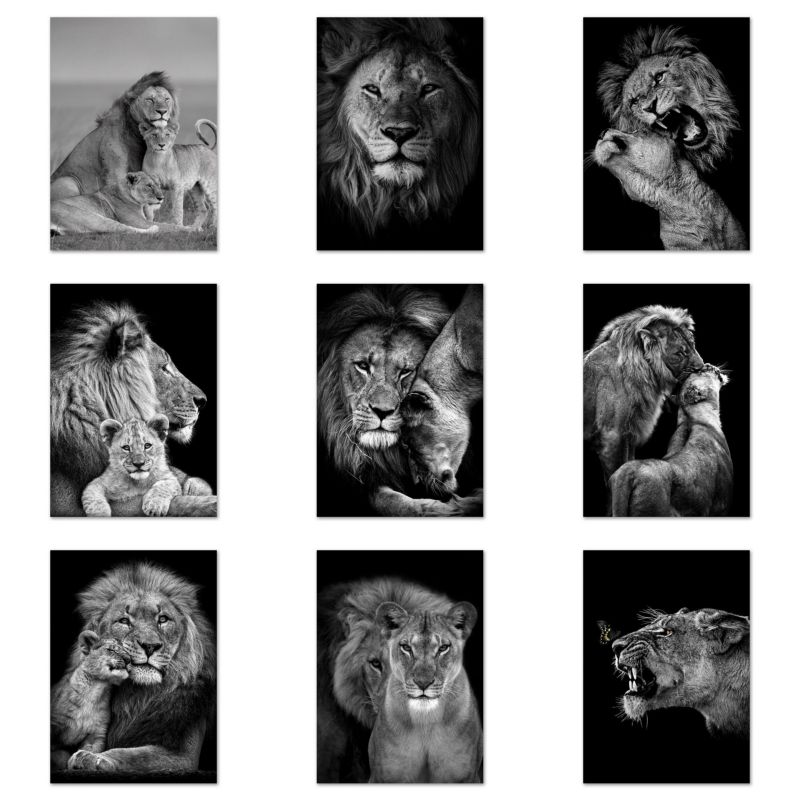 

Black White Lion Family Father Mother Kids Canvas Painting Poster Print Wall Art Abstract Picture Living Room Home Decor Cuadros