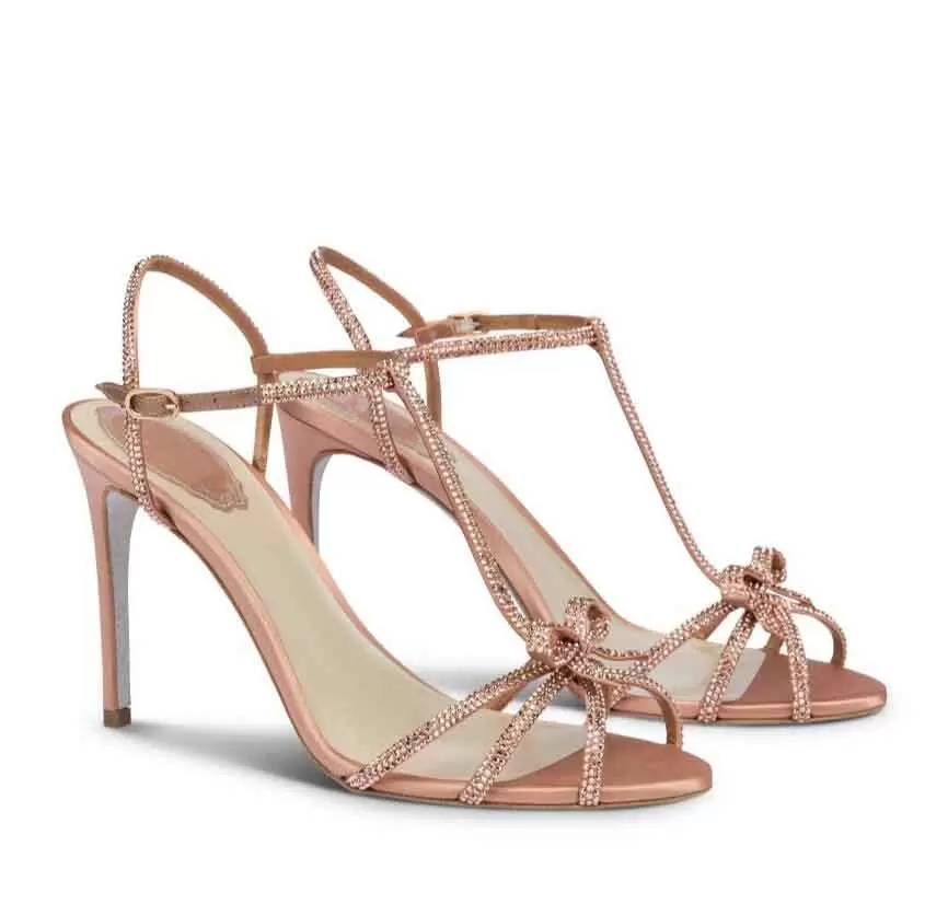 

SS22 Season Rene T-bar Sandals Shoes For Women Caterina Jewel High Heels Italy Brand Glitter Sole Lady Wedding Party Bridal Luxury Footwear