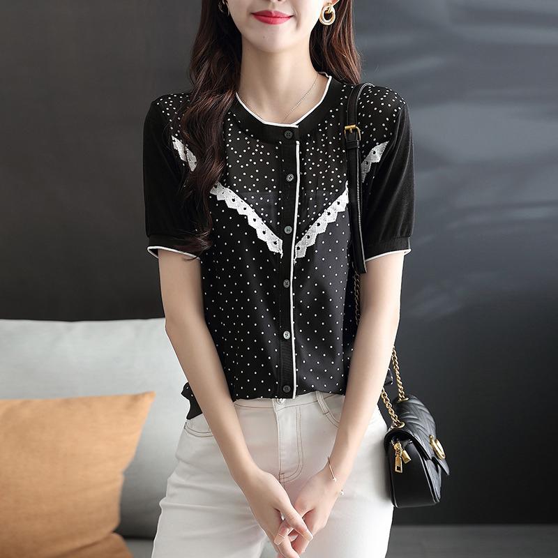 

Women' Blouses & Shirts Design Sense Short-sleeved Female Summer Wave Point Stitching Shirt Light Mature Ethos Chiffon Top SummerWomen, Gray