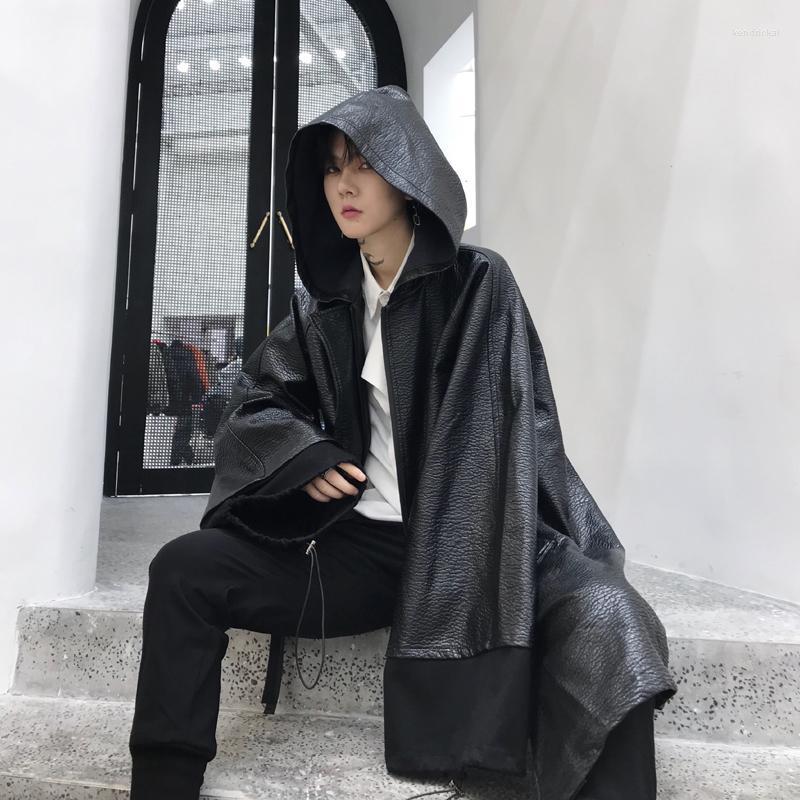 

Men's Trench Coats Autumn Winter Long Leather Coat Men Hip Punk Hooded Cloak Black Vintage Gothic Overcoat Jacket Kend22