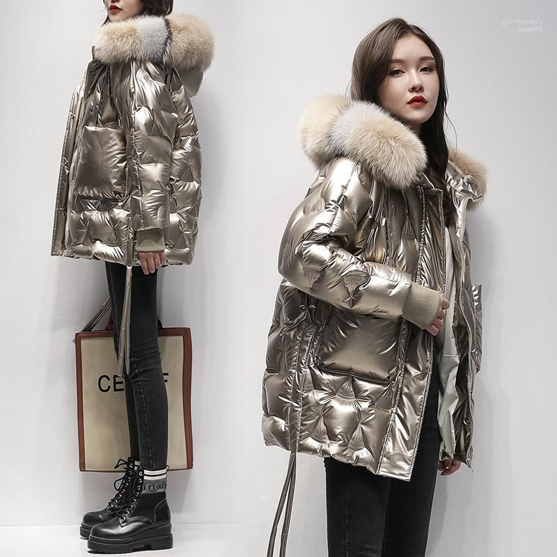 

Women' Down & Parkas 2022 Glossy Real Fur Collar Jacket Women Korean Waterproof White Duck Coat Female Thicken Hooded Outerwear Guin22, Black
