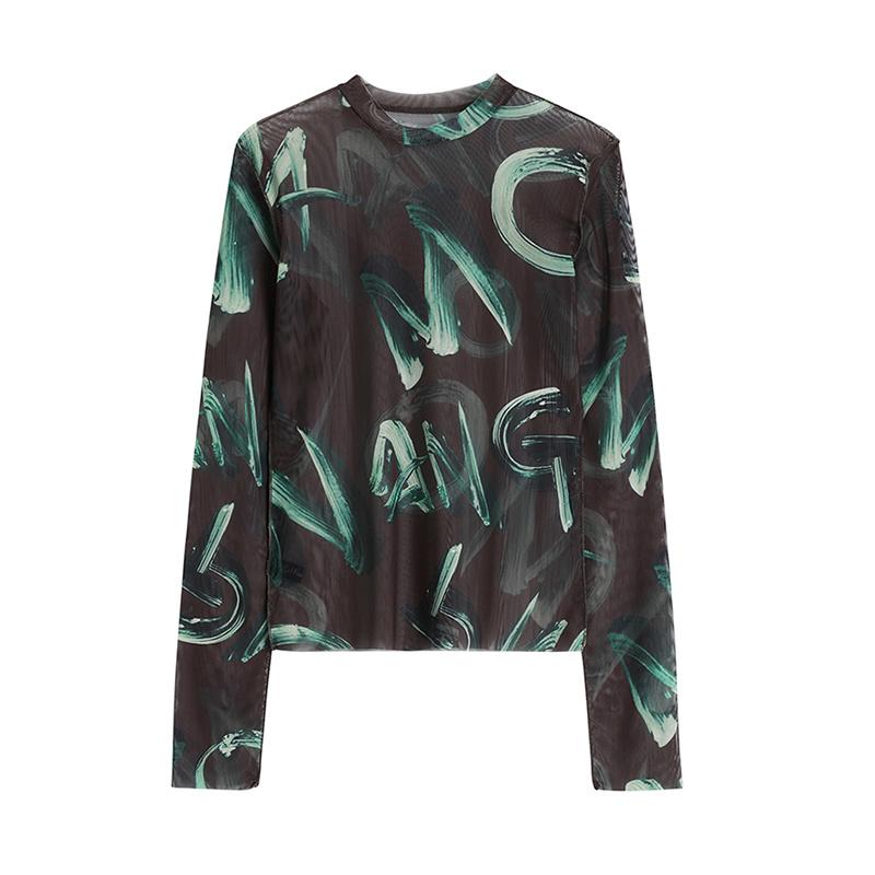 

Women' T-Shirt Transparent Streetwear Mesh Casual Tees Women 2022 Summer Letter Long Sleeve Harajuku Crewneck Y2K T Shirt Female Chic Tide, Green