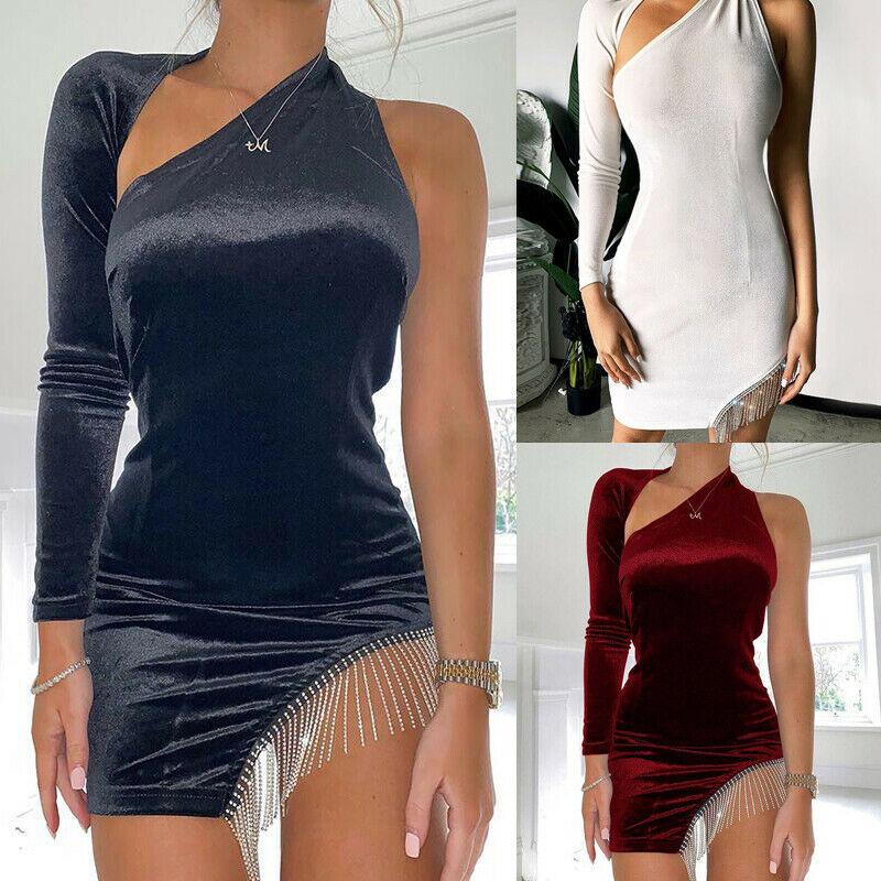 

Casual Dresses Sexy Women One Shoulder Cut Out Backless Long Sleeve Sequined Diamonds Tassels Bodycon Evening Party Mini Pencil Dress, Black