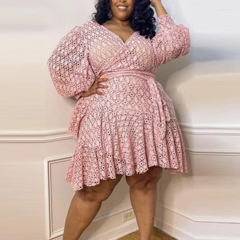 

Plus Size Dresses ZJFZML ZZ Women Clothing Dress Deep V Neck Lantern Sleeve Hollow See Through A-line Drop Wholesale Echm22, Gray