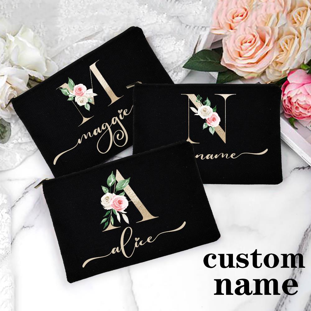 

Personalized Name Women Makeup Bag Gold Alphabet Flowers Canvas Cosmetic Cases Handbag Custom Travel Party Wedding Gifts, Watermelon