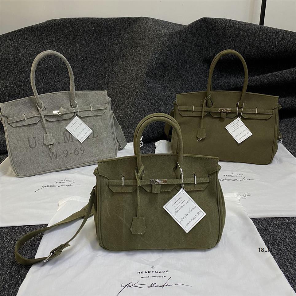 

Designer Birkins Handbags Readymade brikin canvas platinum washing water used military green postal cloth mens womens size fashion246U, 45cm cement ash