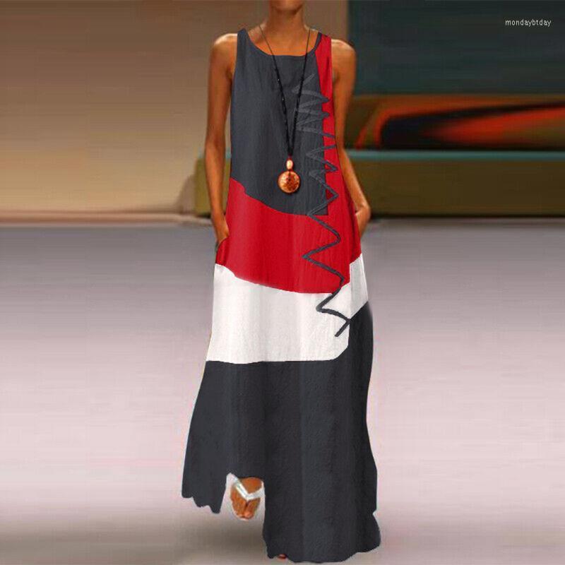 

Casual Dresses Patchwork Dress Women Clothes Daily Sleeveless Vintage Elbise Bohemian O Neck Maxi Summer Holiday Sukienka Damska, Gray