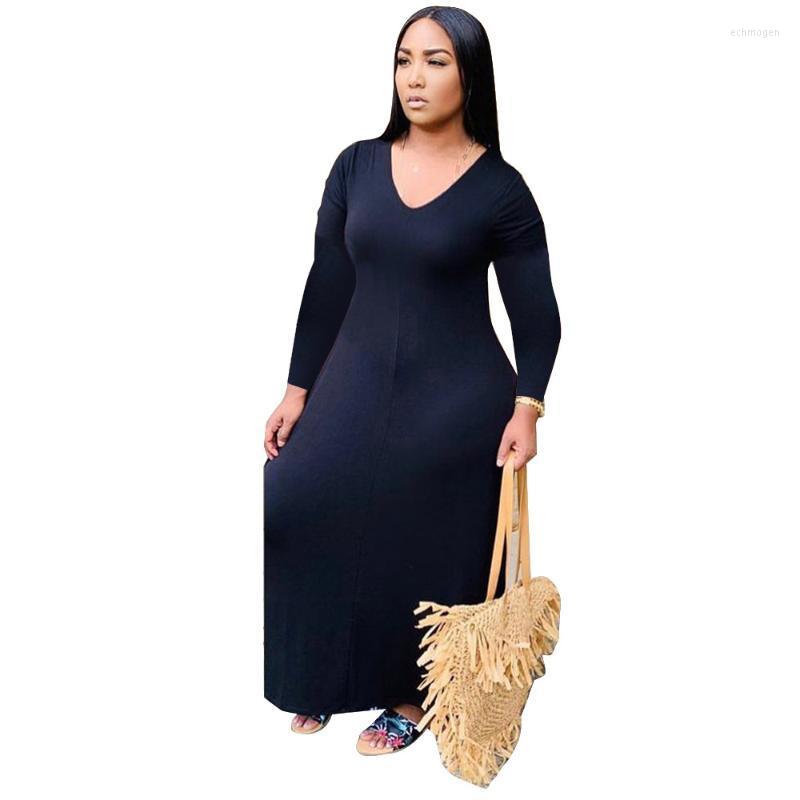 

Plus Size Dresses Fall Women Clothing Loose Solid Color Long Dress Casual Sleeve Robe 4XL 5XL Vestidos Echm22, Black