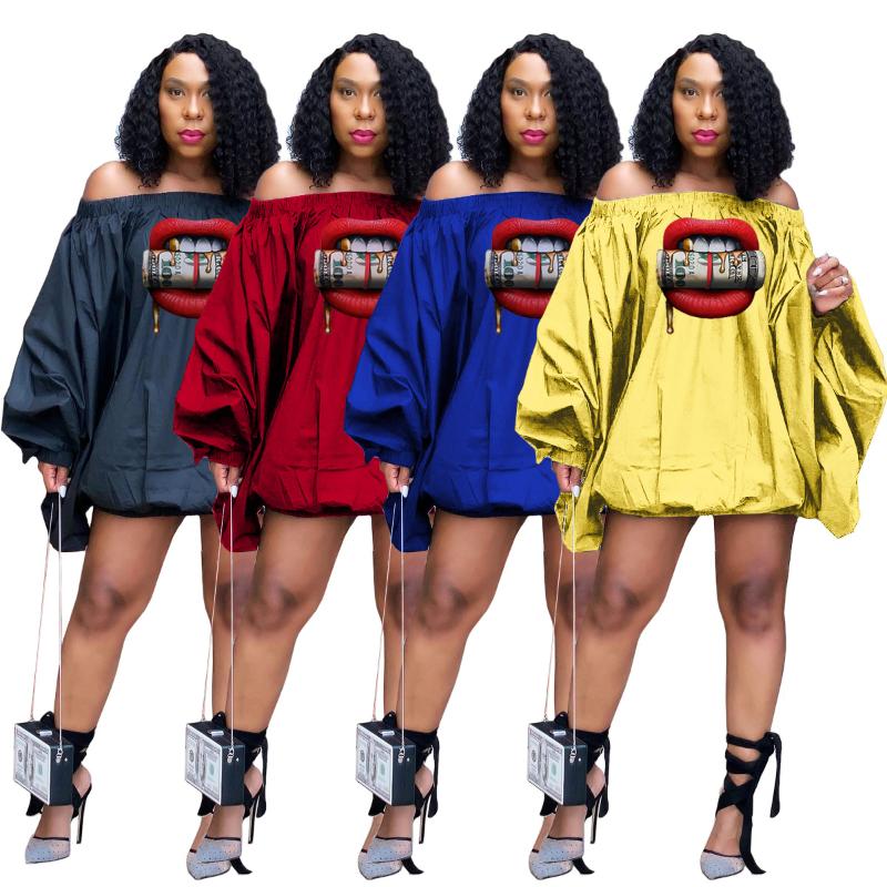 

Casual Dresses Zaggin 2022 Autumn Women Lip Print 4-Color Off-Shoulder Lantern Dress Sexy Slash Neck Sleeve Mini DressCasual, Black