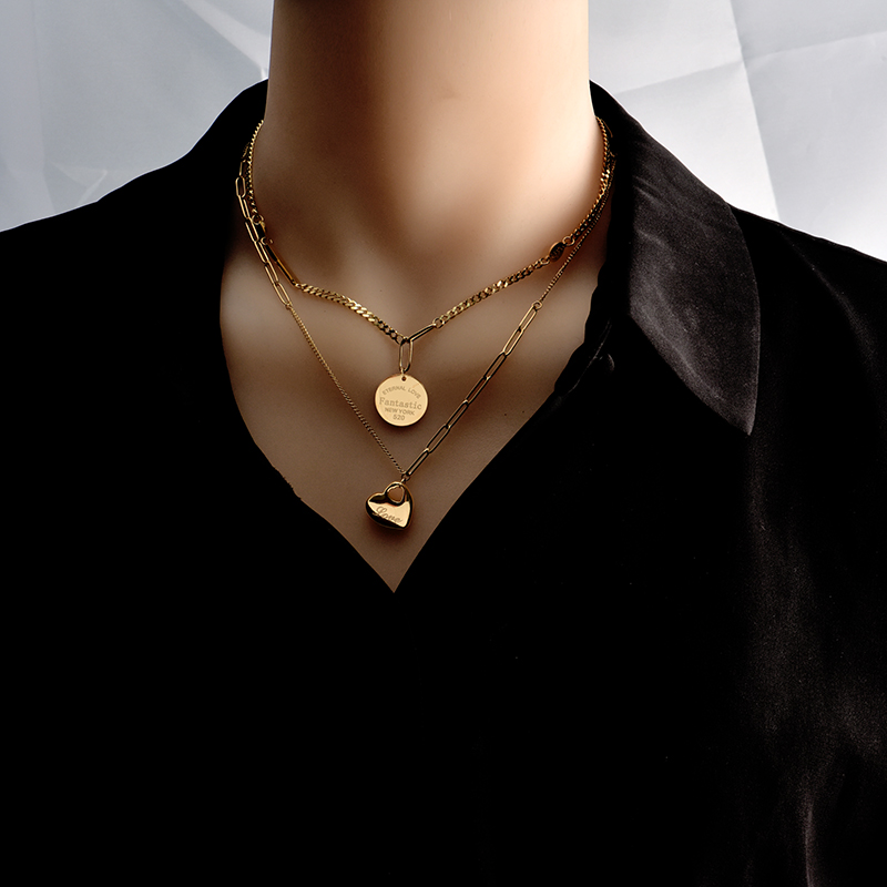 Heart Smile Coin Pendant Necklace Flat bottom solid love for women Gold Color Gifts316b-image-783652689