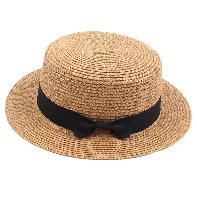 

Gadis Berjemur Topi Musim Panas Inggris Busur Flat Top Anak Straw untuk Wanita Matahari Pantai 220611, Light brown