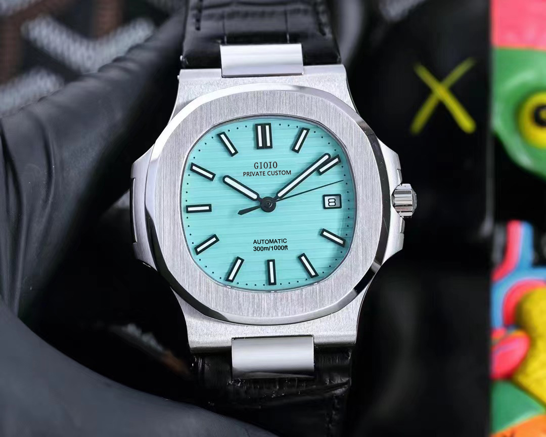 

Mens Automatic Mechanical Calendar Watch Sky Blue Black Leather