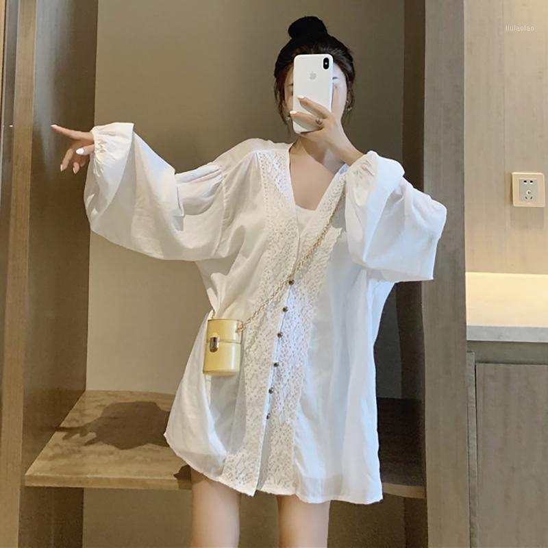 

Women's Blouses & Shirts Summer Korean Clothing Fashion Brand Temperament Thin Blouse Solid Color Lace Long Sleeve Sweet Tops V-neck, White