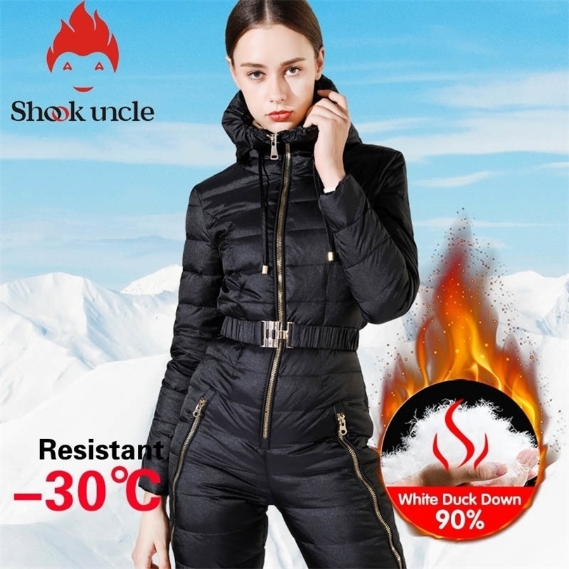 

Winter women's slim fit jumpsuit 90% White Duck down jacket waist thickening warm Slim Elastic outdoor ski women down jacket 201128, Black