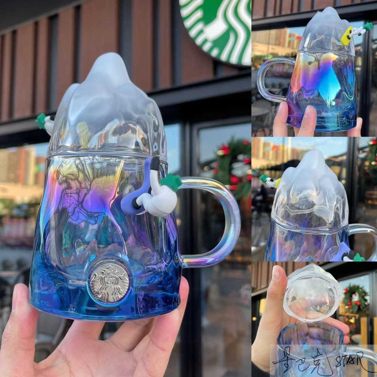 Starbucks New Year Cup 320ml crystal snow mountain glass three-dimensional skiing cartoon creative coffee cup-image-760288617