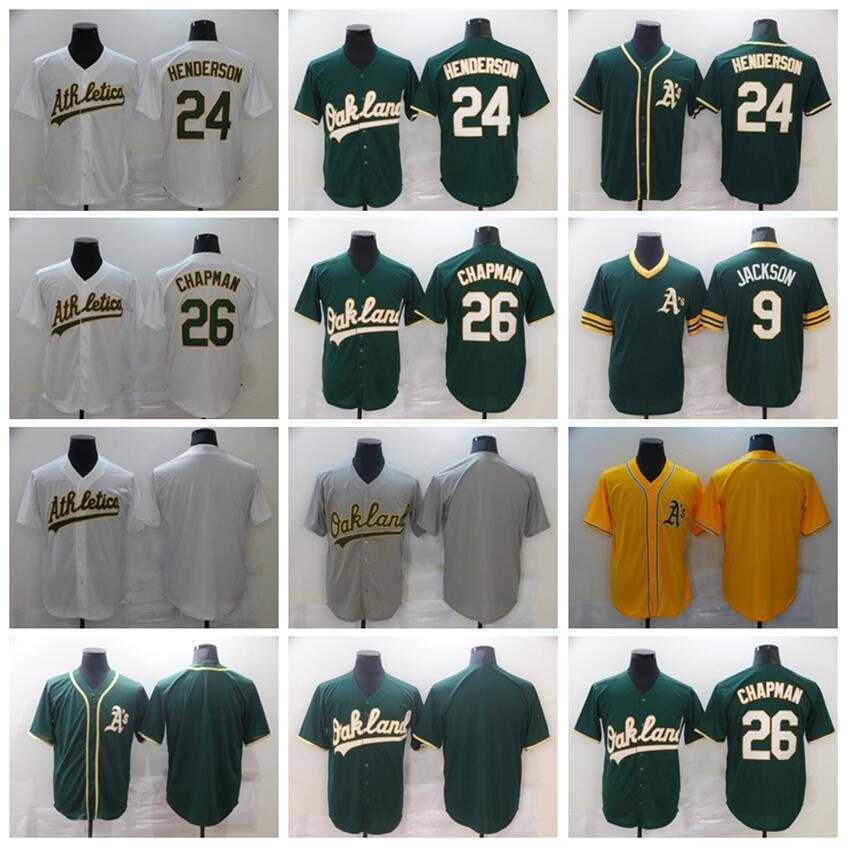 Men Baseball 26 Matt Chapman Jerseys Blank 24 Rickey Henderson 9 Reggie Jackson Pullover vert blanc jaune gris gris flexbase de base cool de base