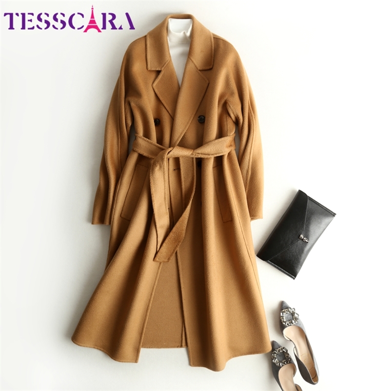 

Women's Wool Blends TESSCARA Women Autumn Winter Elegant Belt Cashmere Jacket Coat Female Wool Blend Basic Jackets Designer Long Outerwear Coats 220826, Camel