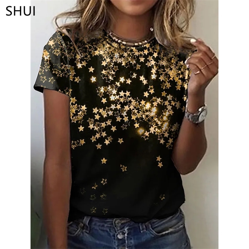 

SUMMER Fashion Casual Wear Womens Round Loose Shirt Bachelorette Party Tshirt Female Harajuku Polka Dot Star Decoration 220527, Iuy-8
