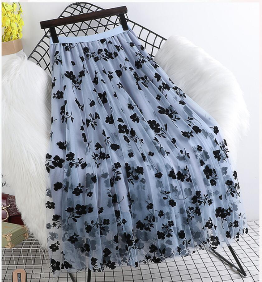 

Summer Mesh Print Floral Long Skirt Women Clothes Elastic High Waist Casual Pleated Vintage Mid-calf Tulle Skirts Woman 2022, Same as picture