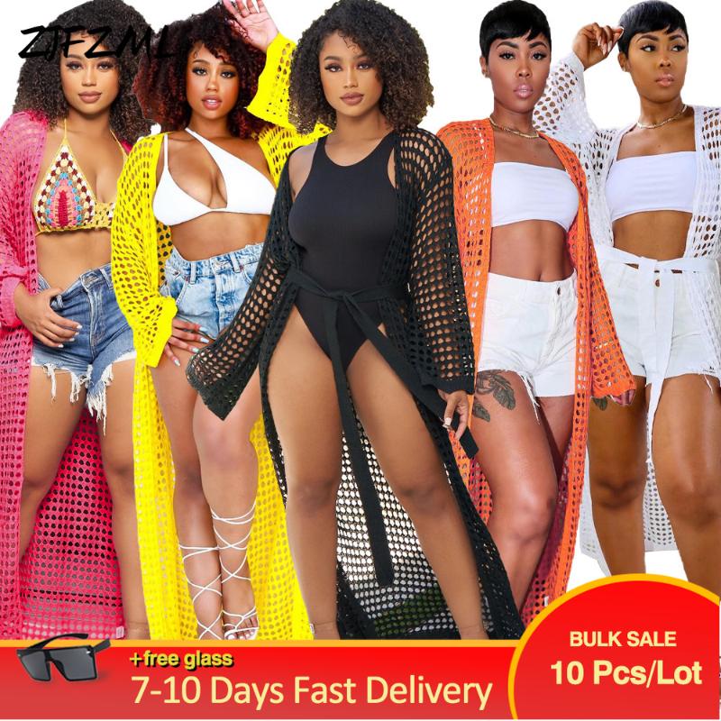 

Women' Swimwear Bulk Items Wholesale Lots Women Pure Color Relax Fit Beachwear Lace Up Mesh Perspective Long Sleeve Wrap Out Chic Blouse Fe, Orange