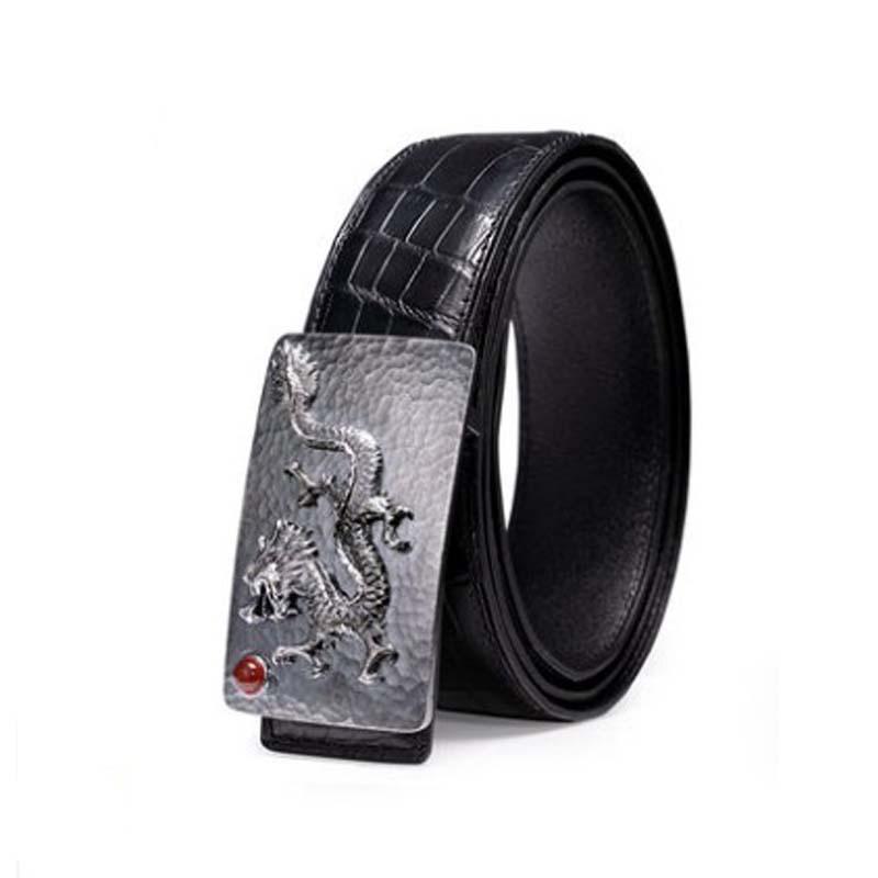 

Belts Ouluoer Import Nile Crocodile Belt Black Genuinecrocodile Leather Smooth Buckle Men 925 Silver Male