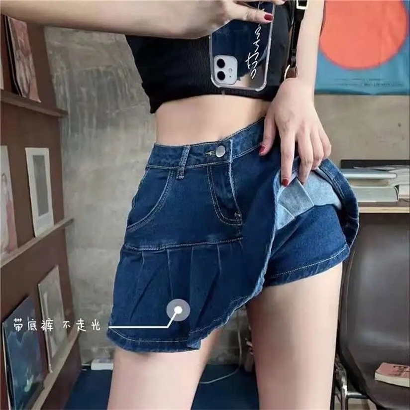 

STSVZORR denim half-length skirt female summer net red ruffled pleated high waist thin a-line 220322, Blue