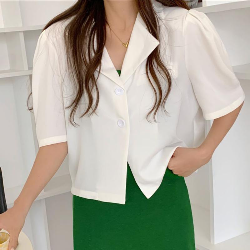 

Women' Blouses & Shirts HziriP Notched Vintage OL Gentle Plus Size Solid 2022 Outwear Coats Summer Short Sleeves Casual Women Soft Femme To, Blue