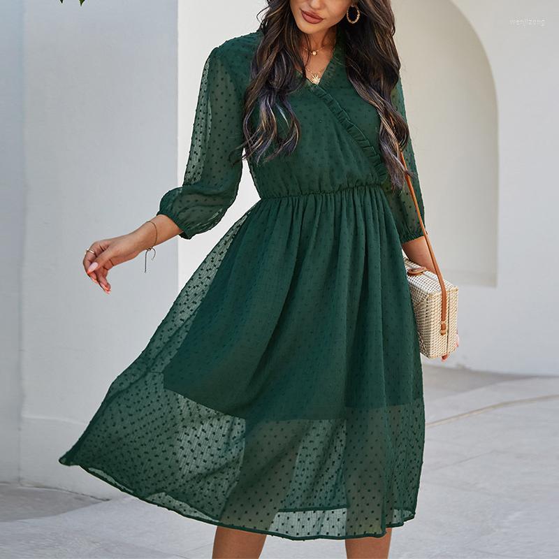 

Casual Dresses Autumn V Neck Dot Elegant Women Long Dress Ruffle Three Quarter Office Lady Mid Calf Black Spring 2022 Vestidos