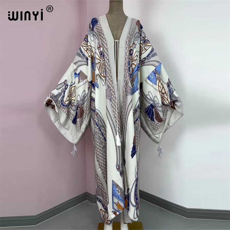 

WINYI Cotton Bikini Sweet Lady Pink Boho Print Self Belted Front Open Long Kimono Dress Beach Tunic Women Wrap Dresses 220607