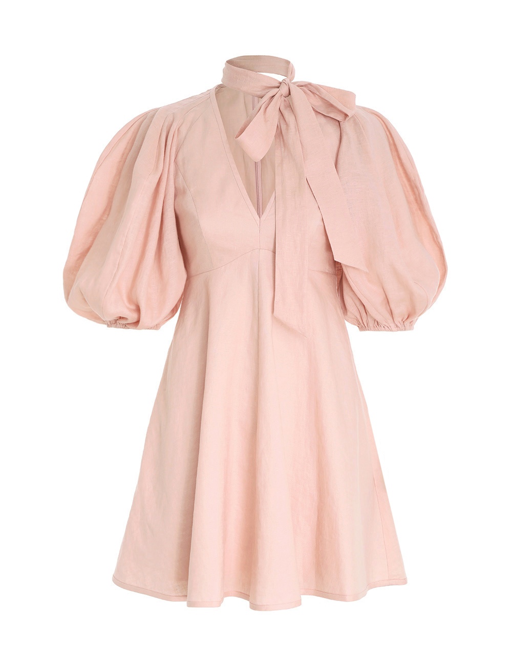 

2022 fashion summer gentle pink V-neck bow bubble sleeve dress, Multi