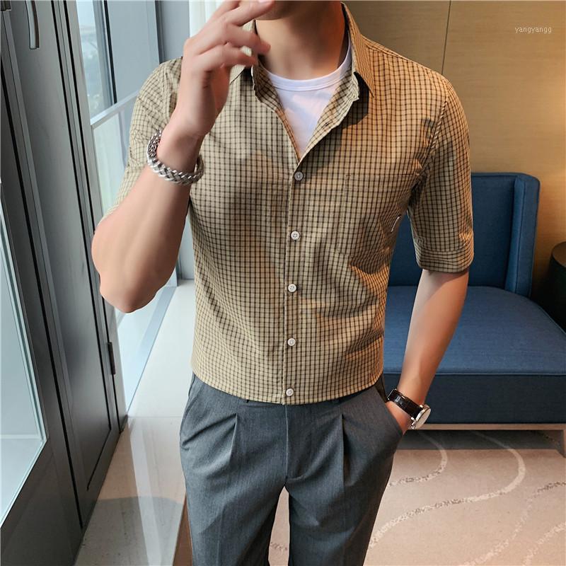 

Men' Gentleman Summer Plaid Shirt Korean Slim Fashion British Trend Short Sleeve Casual Shirts, Black