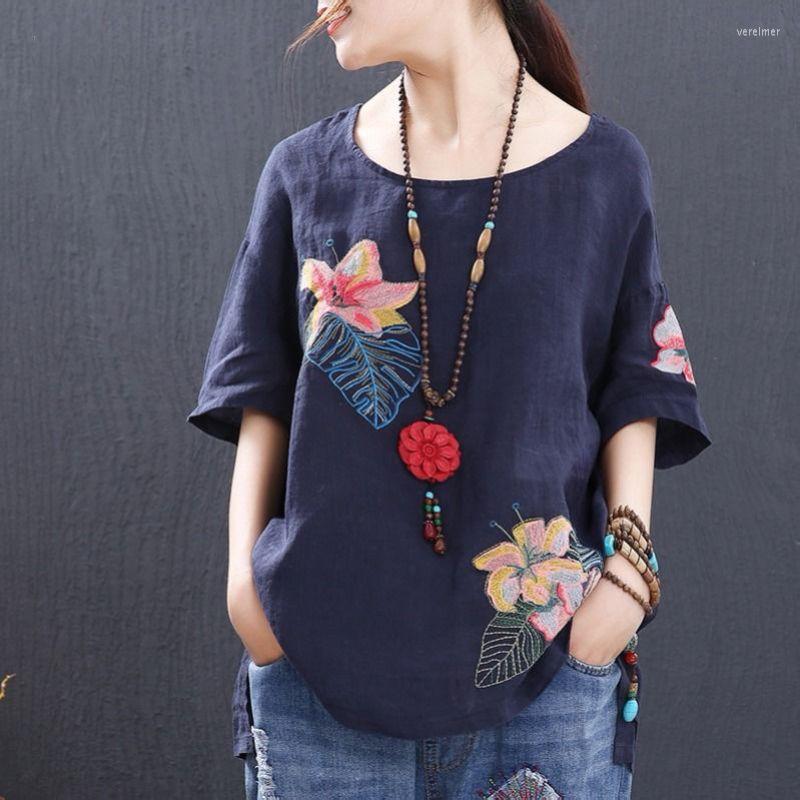 

Women's Blouses & Shirts Short Sleeve Plus Size Cotton Vintage Women Floral Embroidery Blouse Shirt Ladies Loose Casual Tops WhiteWomen's Ve, Blue
