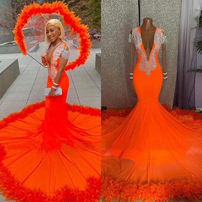 

Orange Feather Mermaid Evening Dresses 2022 Sexy Deep V Neck Prom Gown long sleeve Beaded Appliques Aso Ebi Elastic Satin Abendkleider B0415, Fuchsia