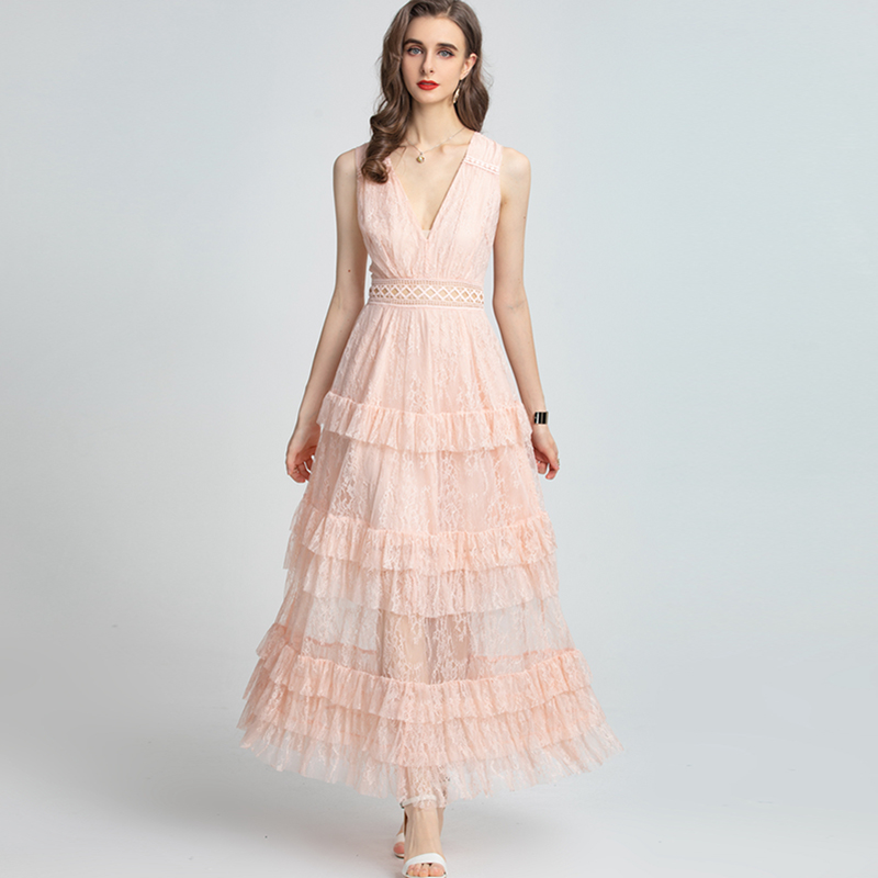 

Women's Runway Dresses Sexy V Neck Sleeveless Embroidery Tiered Hollow Out Elegant Long Party Prom Gown, Pink