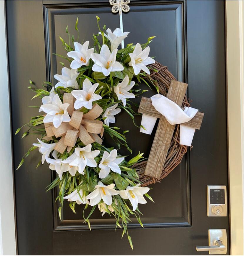 Easter cross wreath simulation plant Party Decoration door hanging bow rattan ring-image-760927216