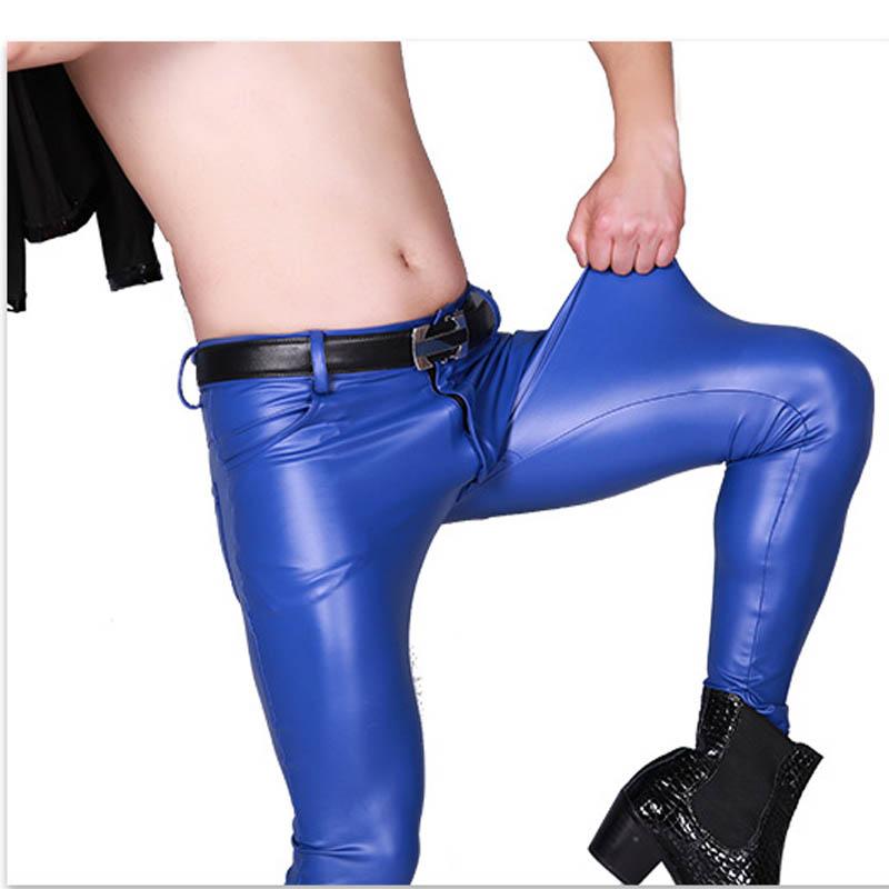 

Men's Pants Faux Leather Shiny Pencil Glossy Stage Plus Size Sexy Men Elastic Tight Casual Trousers Skinny Thicken LeggingsMen's, Blue