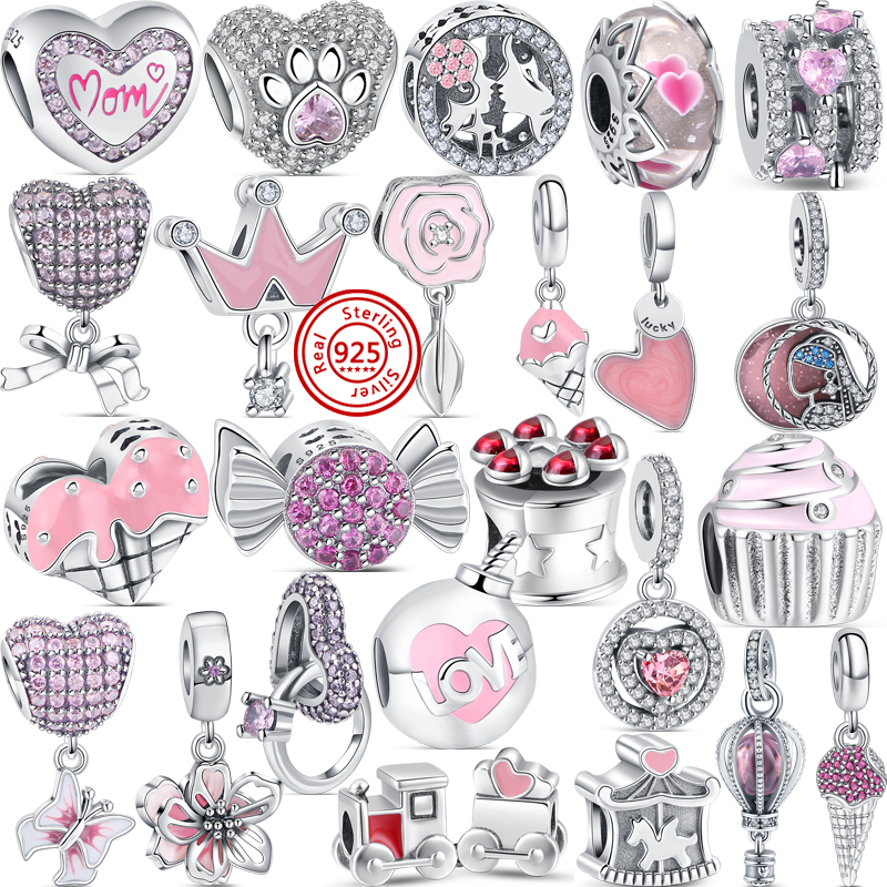 925 Silver Fit Pandora Charm 925 Bracelet Pink Heart Bow Crown Ice Cream Love Lucky charms set Pendant DIY Fine Beads Jewelry-image-787332720