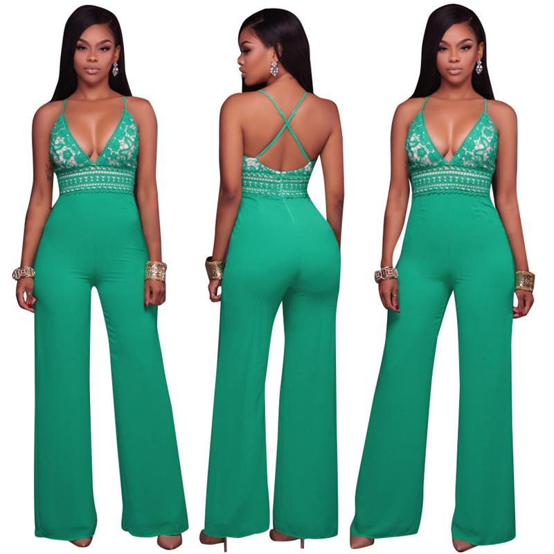 

Women' Jumpsuits & Rompers Women Elegant Formal Wide Leg Deep V-Neck Backless Lace Floral Spaghetti Straps Black Playsuit For Combinaison F