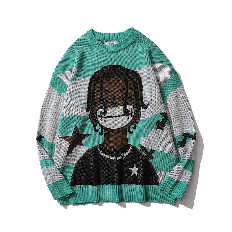 

Men' Sweaters Cartoon Jacquard Oversized Sweater Men Ins Round Neck Bf Style Harajuku Fashion Loose Pullover Clothes Winter CasualMen