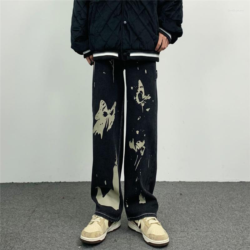 

Men' Jeans Men Fashion Street Ins American Retro Graffiti Butterfly Loose Straight Korean Version Y2k Pants CasualMen' Bert22, Black