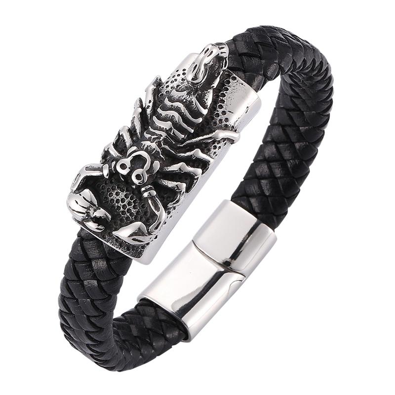 

Charm Bracelets Fashion Stainless Steel Scorpion Animal Bangles For Men Leather Woven Wristband Handmade Punk Jewelry Gift SP0277