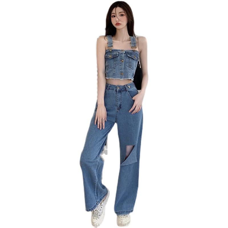 

Women' Two Piece Pants Product Streetwear Denim Women 2 Pices Sets V-Neck Puff Sleeve Crop Top And High Waist Button Suits Outfits FemmeWom, Picture color