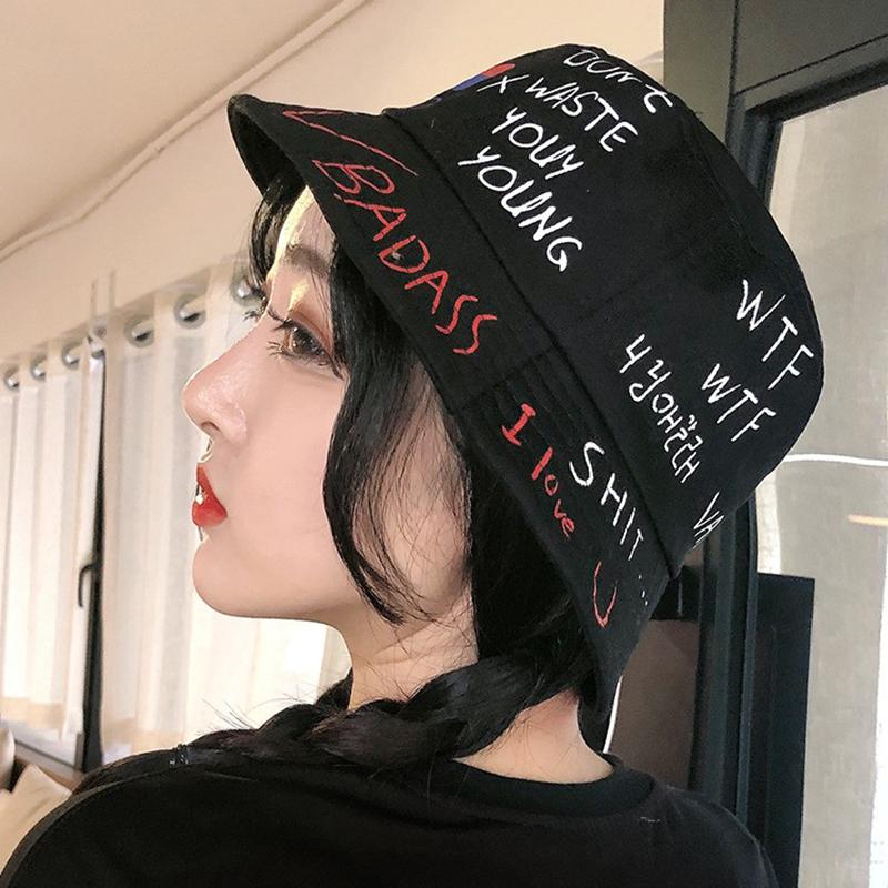 

Berets Hip Hop Hat Men And Women Casual Skateboard Young Fashion Street Personality Love Graffiti Fisherman Basin Heart, Black