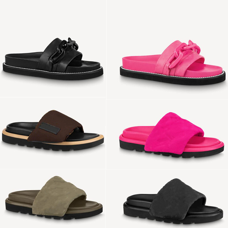 

2022 Fashion Designer Womens Sandals Slippers Slides Pillow Comfort Platform Leather Flats Mules Flip Flops High Heels Dress Casual Shoes 35-40