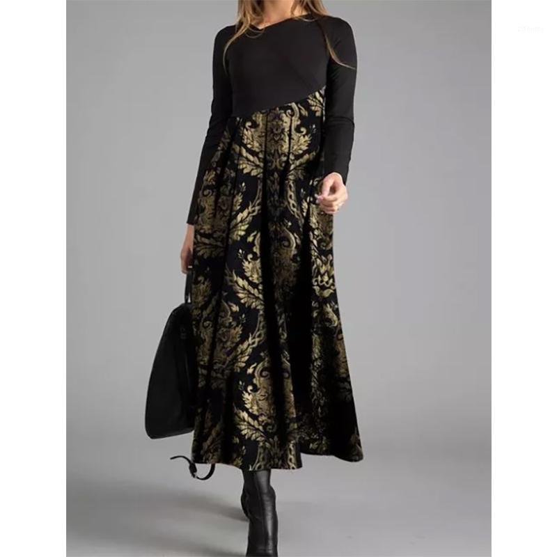 

Casual Dresses Patchwork Printed Women Dress Sukienka Long Sleeve V Neck High Waist A-line Midi 2022 Vestido Navidad