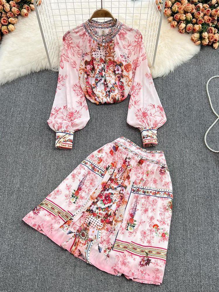 

Work Dresses 2022 Runway 2 Piece Set Women's Long Lantern Sleeve Single Breasted Floral Print Chiffon Tops And High Waist Pleated Skirt, Pink printing