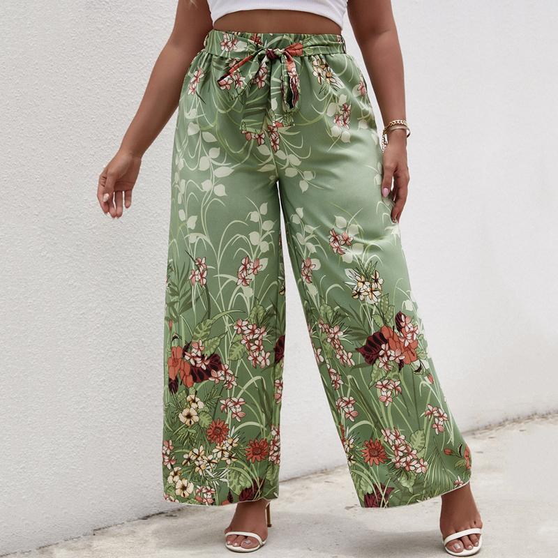 

Women's Plus Size Pants Floral Print Summer Elegant Wide Leg Elastic Waist Sashes Casual Bohemian Trousers Female Large 6XLWomen's, Green