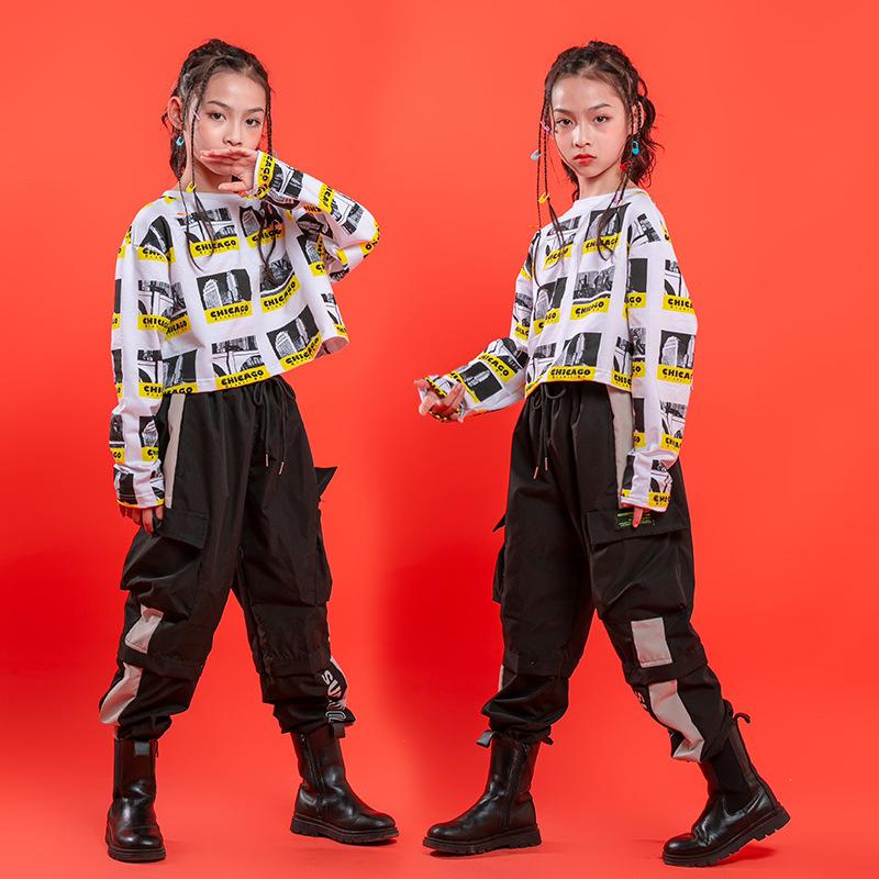 

Stage Wear Kid Hip Hop Clothing Print Crop Sweatshirt Long Sleeve Shirt Tactical Cargo Pants For Girl Jazz Dance Costume Clothes StreetwearS, Beige