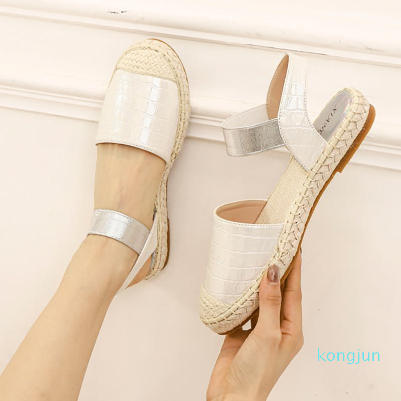 

Sandals Ladies Flat Cover Toe Out Wear Soft Soled Female Single Shoes Elastic Band Straw Woven Large Size Beach Women ShoesSandals, Sliver