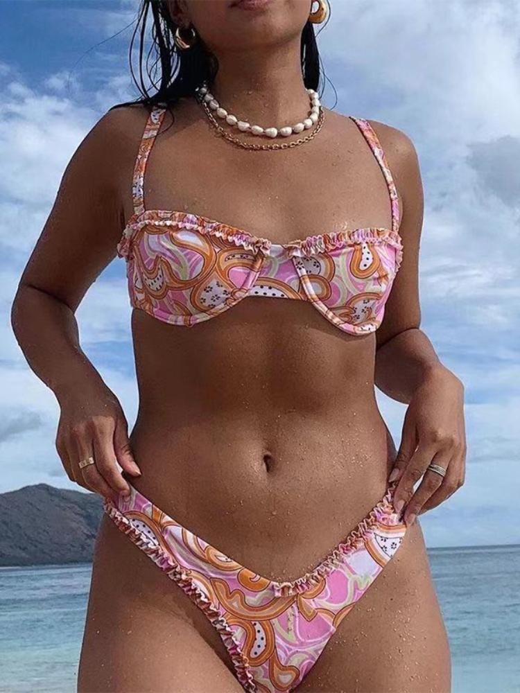 

Women' Swimwear Sexy Flower Print Bikini Set Women 2022 Fashion High Cut Holiday Beachwear Brazilian Biqiuni 2 Piece Sets Pink SwimsuitWome, Bk025be